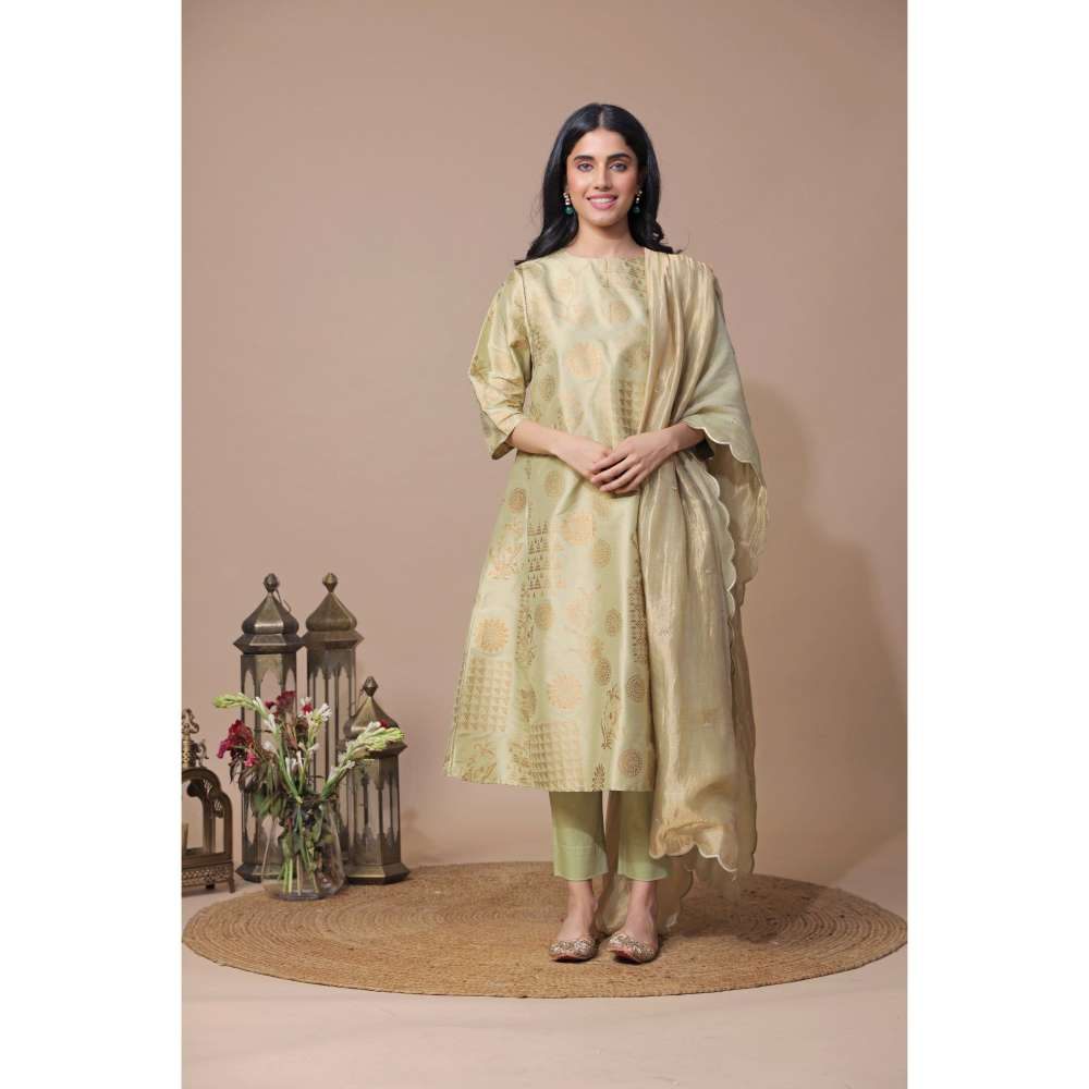 Neelu Sethi Green Silk Block Printing Kurta With Pant And Dupatta (Set of 3)