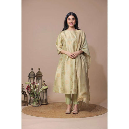 Neelu Sethi Green Silk Block Printing Kurta With Pant And Dupatta (Set of 3)