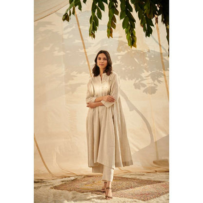 Neelu Sethi Beige Cotton Linen Hand Embroidered Kurta And Pant (Set of 2)