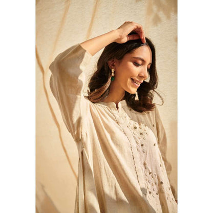 Neelu Sethi Beige Cotton Linen Hand Embroidered Kurta And Pant (Set of 2)