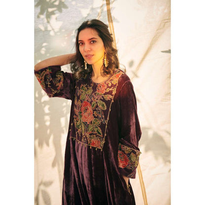 Neelu Sethi Burgundy Silk Velvet Embroidered Kurta With Yoke Cotton Satin Pant (Set of 2)