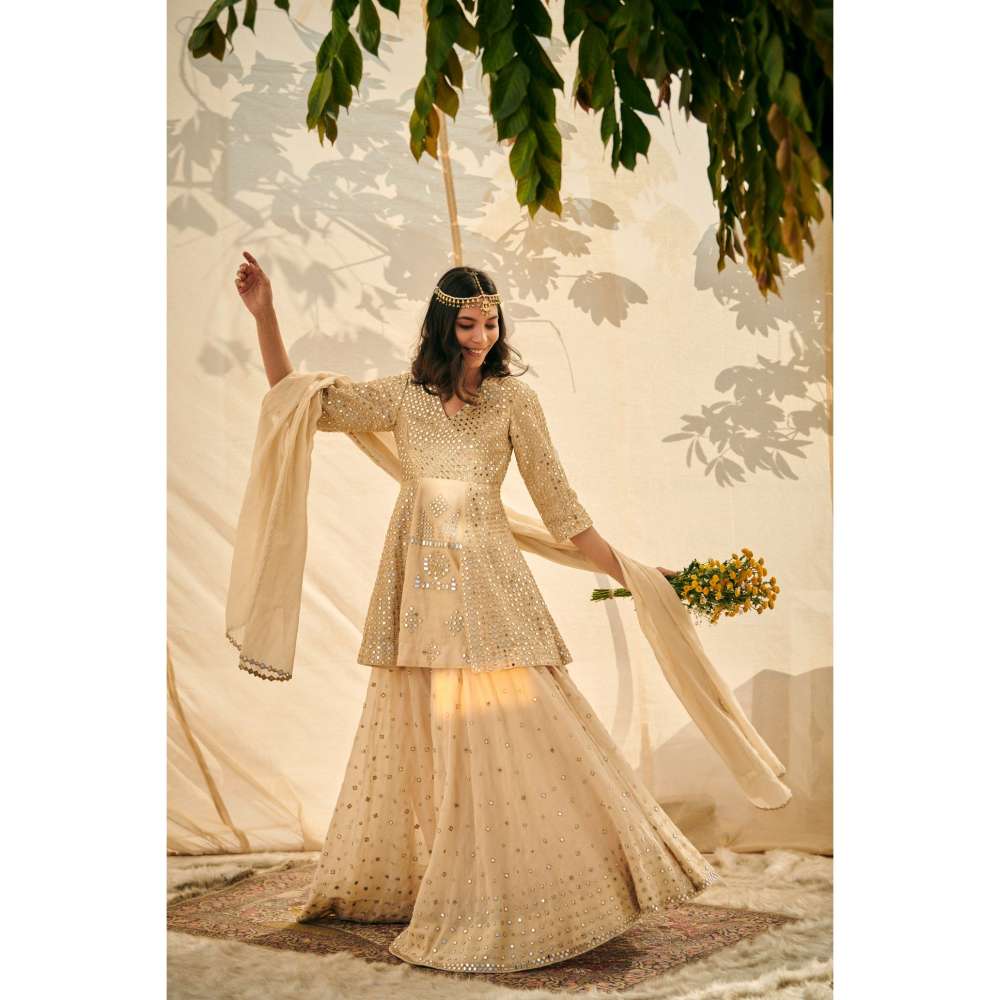 Neelu Sethi Tissue Chanderi And Hand Embroidery Peplum Top And Sharara with Dupatta (Set of 3)