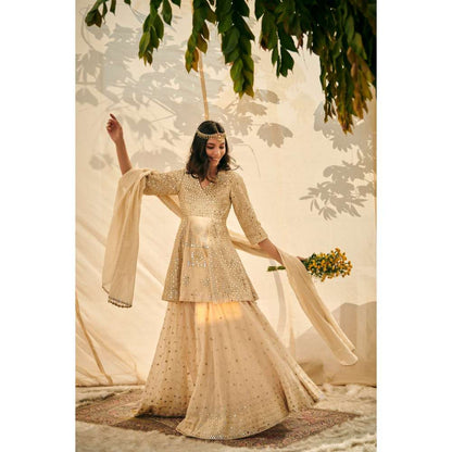 Neelu Sethi Tissue Chanderi And Hand Embroidery Peplum Top And Sharara with Dupatta (Set of 3)