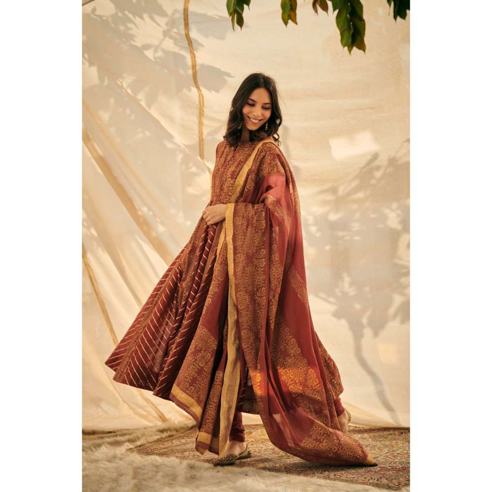 Neelu Sethi Malmal Block Printed Anarkali Kurta With Churidar and Dupatta (Set of 3)