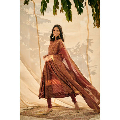 Neelu Sethi Malmal Block Printed Anarkali Kurta With Churidar and Dupatta (Set of 3)