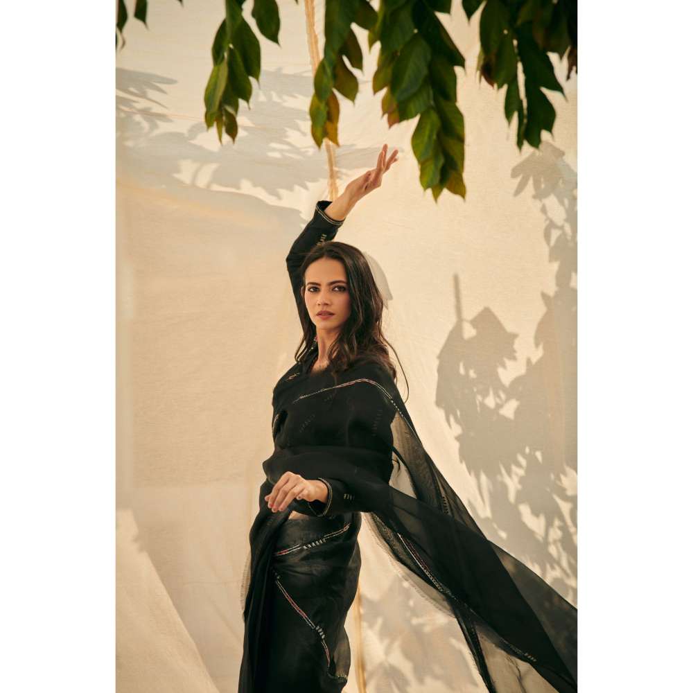 Neelu Sethi Black Organza Saree With Hand Embroidered with Stitched Blouse