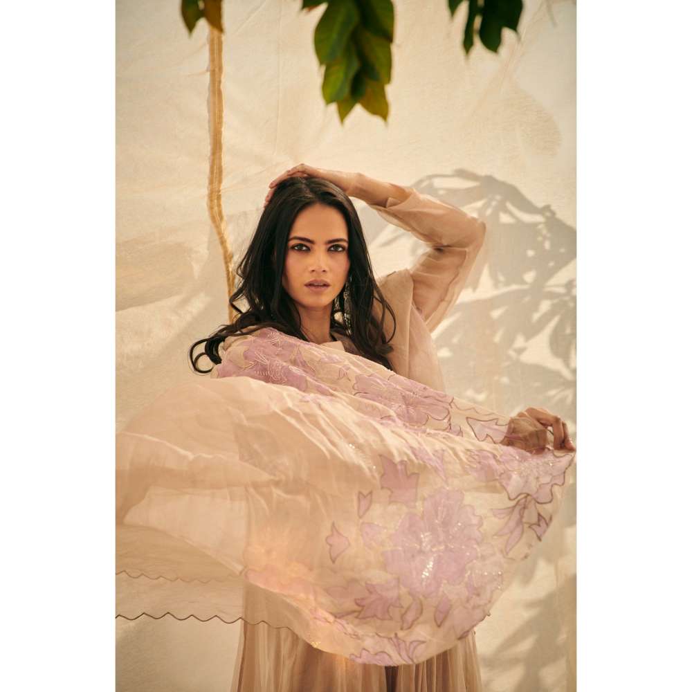 Neelu Sethi Beige Chiffon Patch Work Kurta and Pant with Hand Embroidery Dupatta (Set of 3)