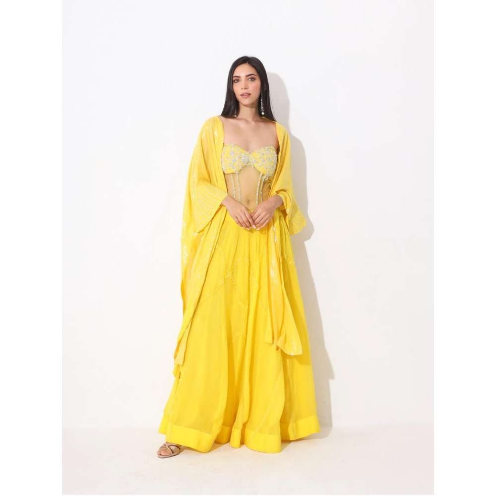 Neelu Sethi Yellow Lehenga With Hand Embroidery Blouse and Sequence Cape (Set of 3)