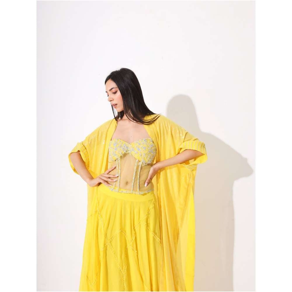 Neelu Sethi Yellow Lehenga With Hand Embroidery Blouse and Sequence Cape (Set of 3)