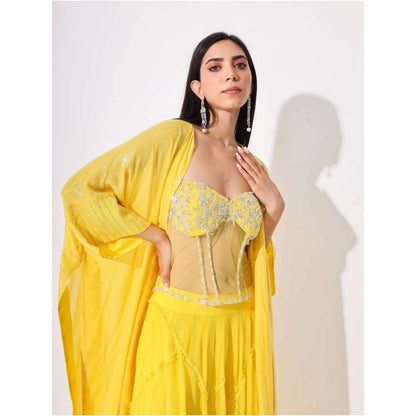 Neelu Sethi Yellow Lehenga With Hand Embroidery Blouse and Sequence Cape (Set of 3)