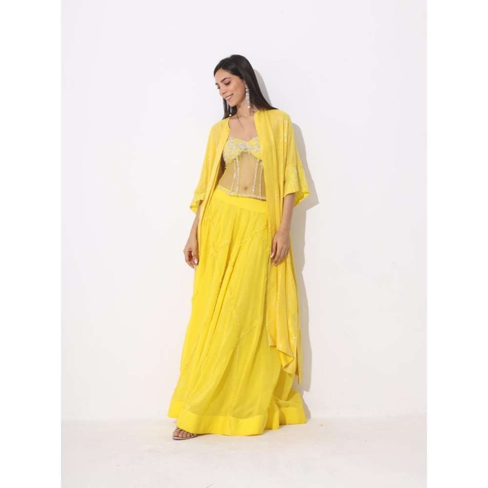 Neelu Sethi Yellow Lehenga With Hand Embroidery Blouse and Sequence Cape (Set of 3)
