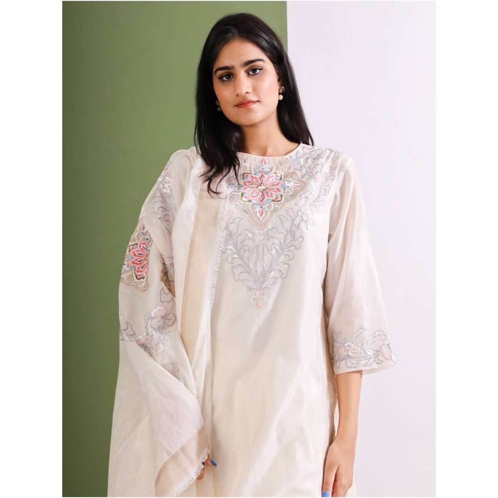 Neelu Sethi Chanderi Embroidered Back Pleating Kurta And Pant with Dupatta (Set of 3)