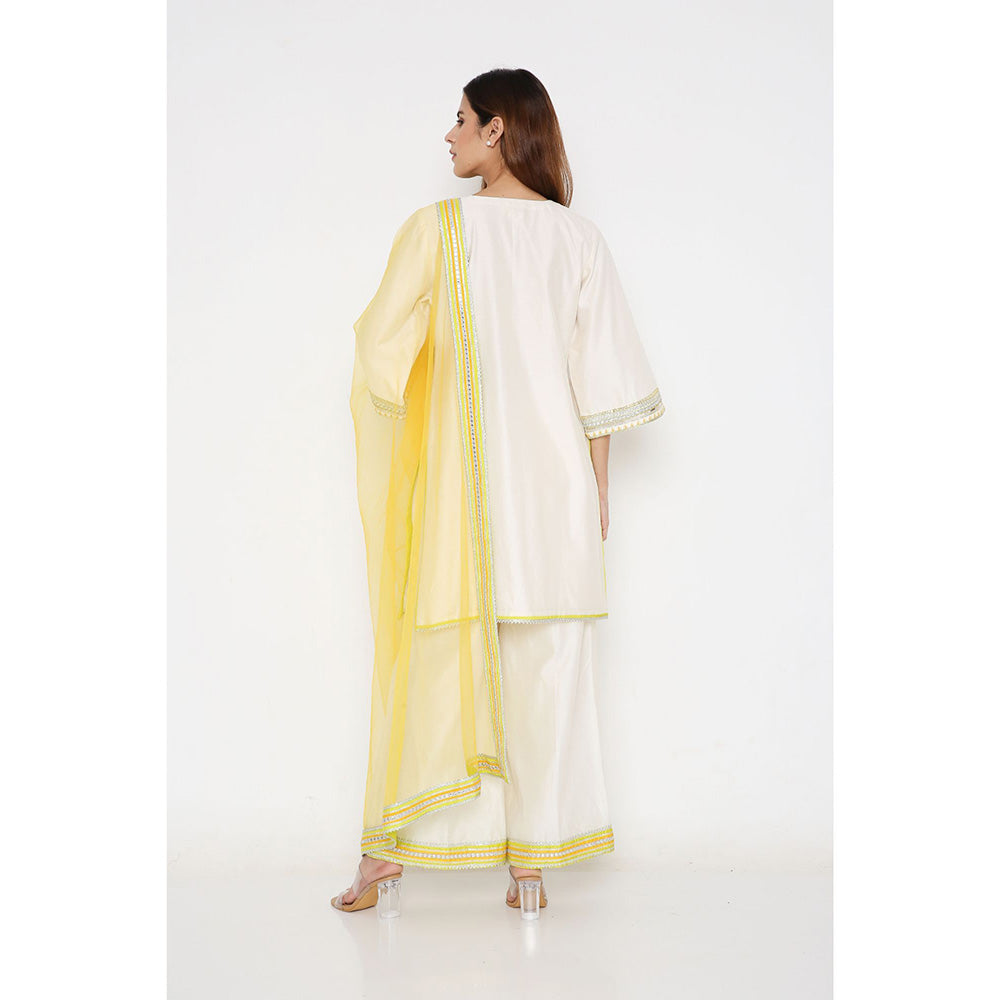Neha Mehra Ivory A-Line Short Chanderi Kurta with Palazzo and Net Dupatta (Set of 3)