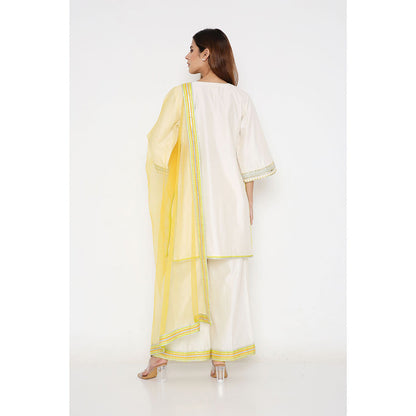 Neha Mehra Ivory A-Line Short Chanderi Kurta with Palazzo and Net Dupatta (Set of 3)