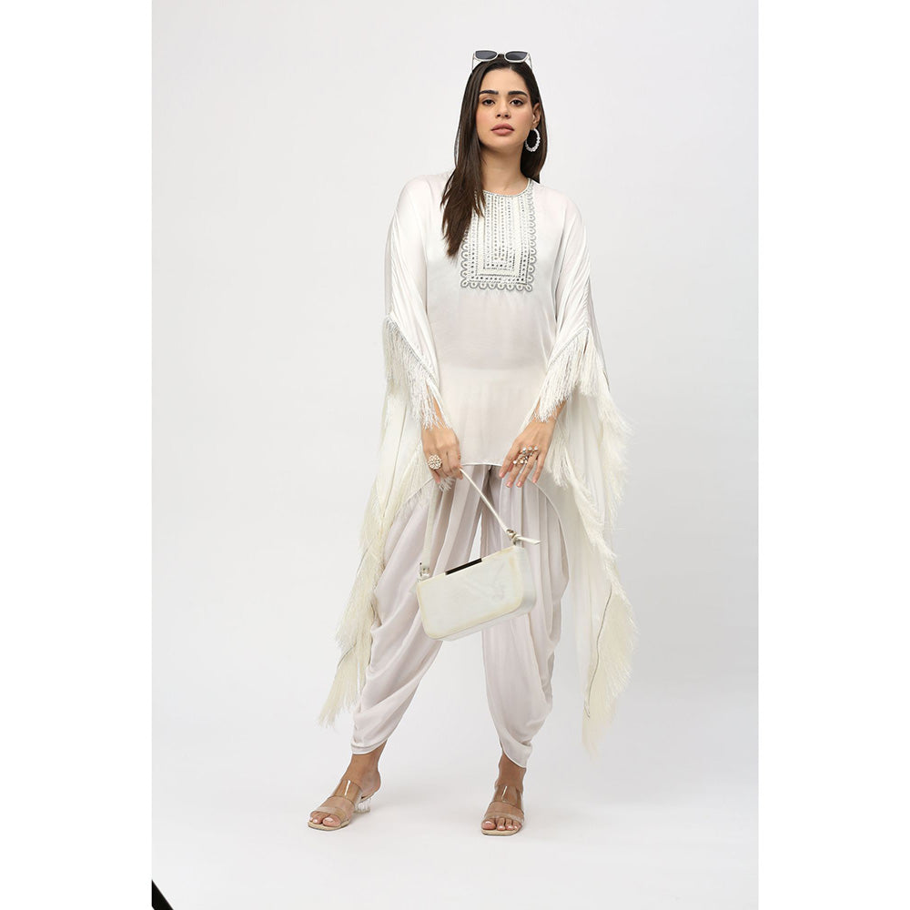 Neha Mehra Ivory Fringe Modal Kaftan with Dhoti Pants (Set of 2)