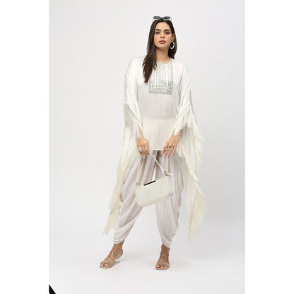 Neha Mehra Ivory Fringe Modal Kaftan with Dhoti Pants (Set of 2)