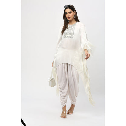 Neha Mehra Ivory Fringe Modal Kaftan with Dhoti Pants (Set of 2)