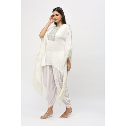 Neha Mehra Ivory Fringe Modal Kaftan with Dhoti Pants (Set of 2)