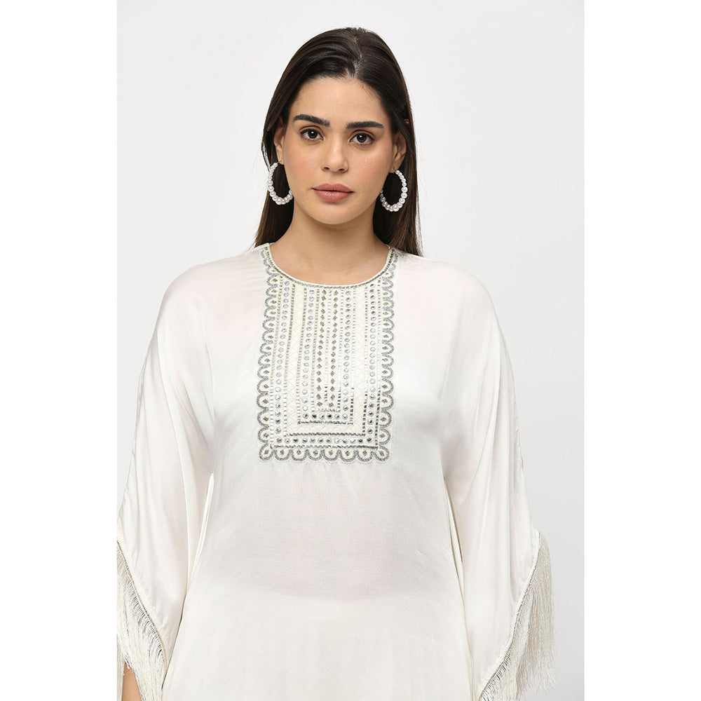 Neha Mehra Ivory Fringe Modal Kaftan with Dhoti Pants (Set of 2)