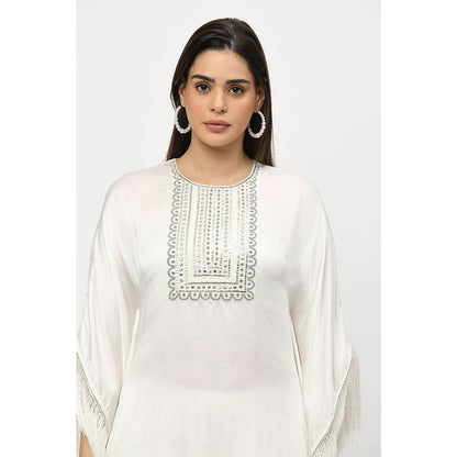Neha Mehra Ivory Fringe Modal Kaftan with Dhoti Pants (Set of 2)