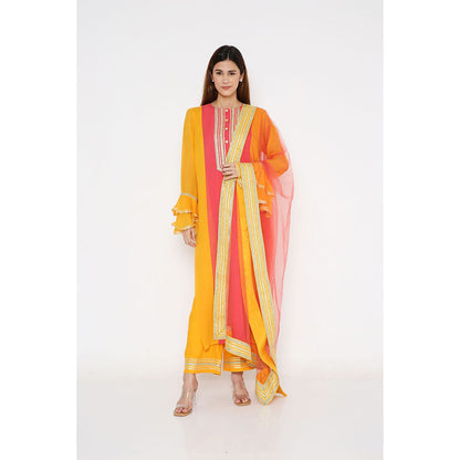 Neha Mehra Saffron Georgette Colour Block Kurta with Pant and Dupatta (Set of 3)
