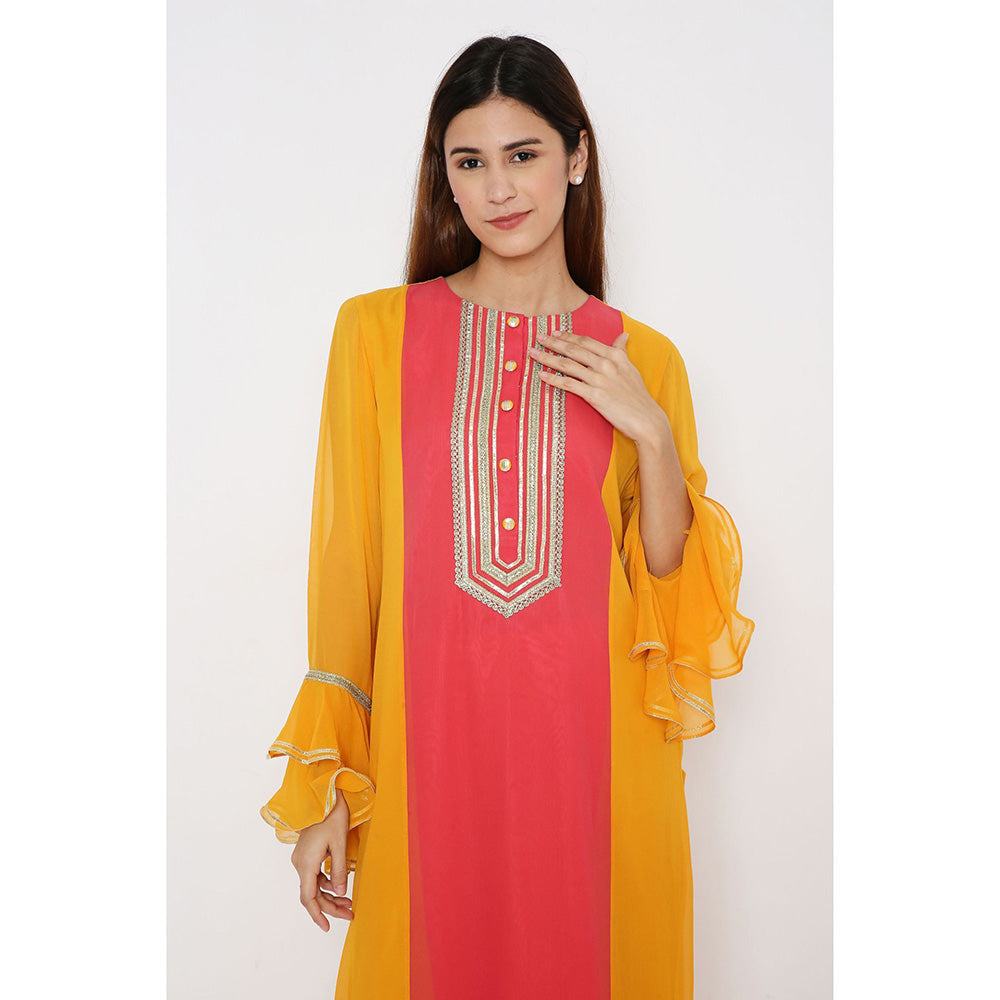 Neha Mehra Saffron Georgette Colour Block Kurta with Pant and Dupatta (Set of 3)