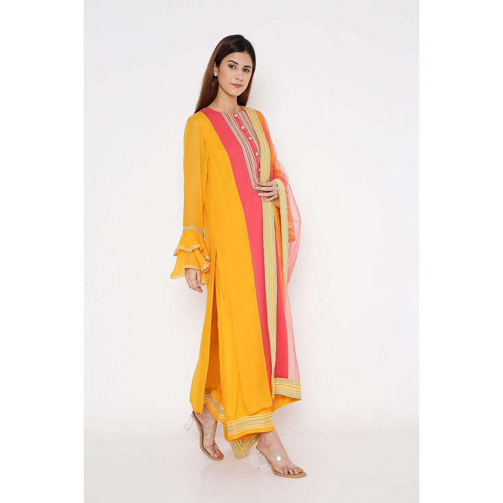 Neha Mehra Saffron Georgette Colour Block Kurta with Pant and Dupatta (Set of 3)