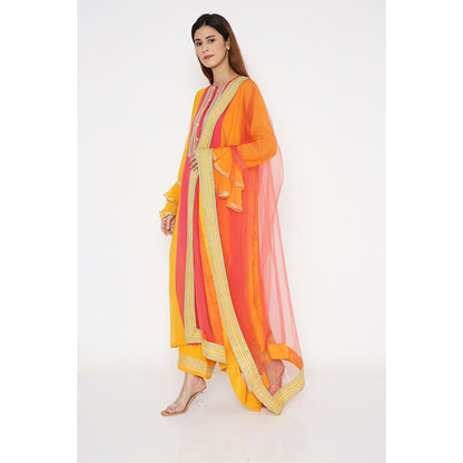 Neha Mehra Saffron Georgette Colour Block Kurta with Pant and Dupatta (Set of 3)