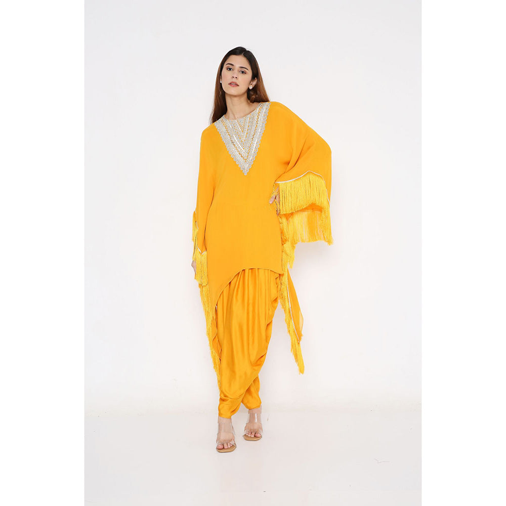 Neha Mehra Saffron Fringe Georgette Kaftan with Dhoti Pants (Set of 2)