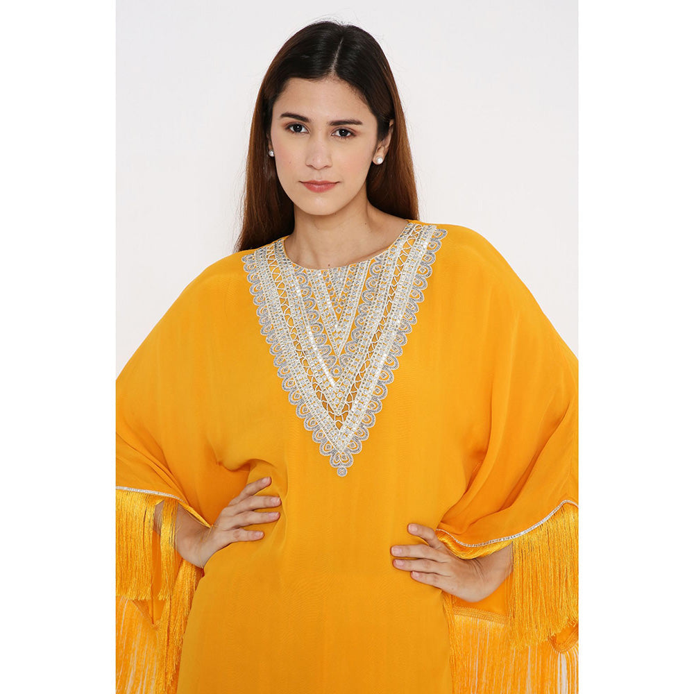 Neha Mehra Saffron Fringe Georgette Kaftan with Dhoti Pants (Set of 2)