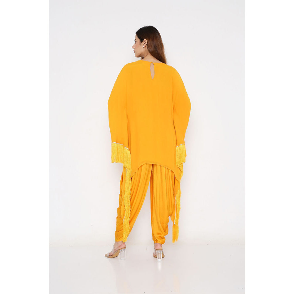 Neha Mehra Saffron Fringe Georgette Kaftan with Dhoti Pants (Set of 2)
