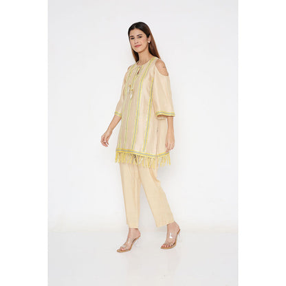 Neha Mehra Beige Chanderi Gota Stripe Short Kurta with Pants (Set of 2)