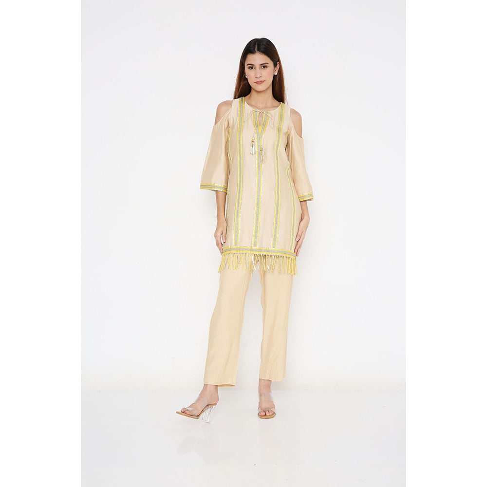 Neha Mehra Beige Chanderi Gota Stripe Short Kurta with Pants (Set of 2)