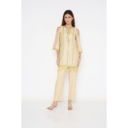 Neha Mehra Beige Chanderi Gota Stripe Short Kurta with Pants (Set of 2)