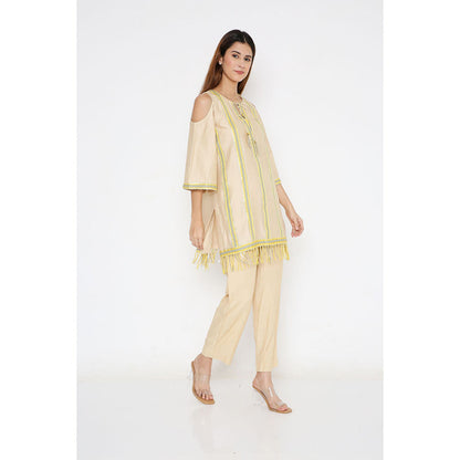 Neha Mehra Beige Chanderi Gota Stripe Short Kurta with Pants (Set of 2)