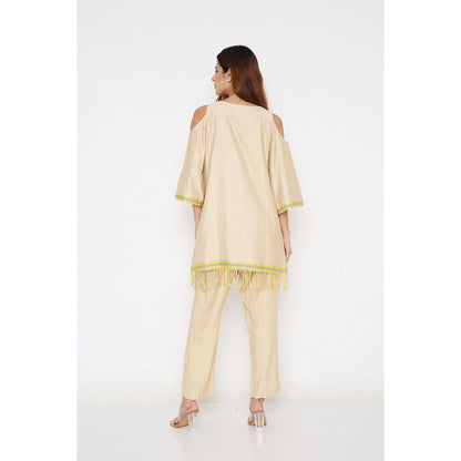 Neha Mehra Beige Chanderi Gota Stripe Short Kurta with Pants (Set of 2)