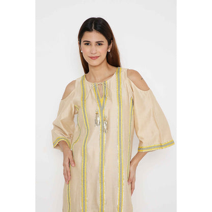 Neha Mehra Beige Chanderi Gota Stripe Short Kurta with Pants (Set of 2)