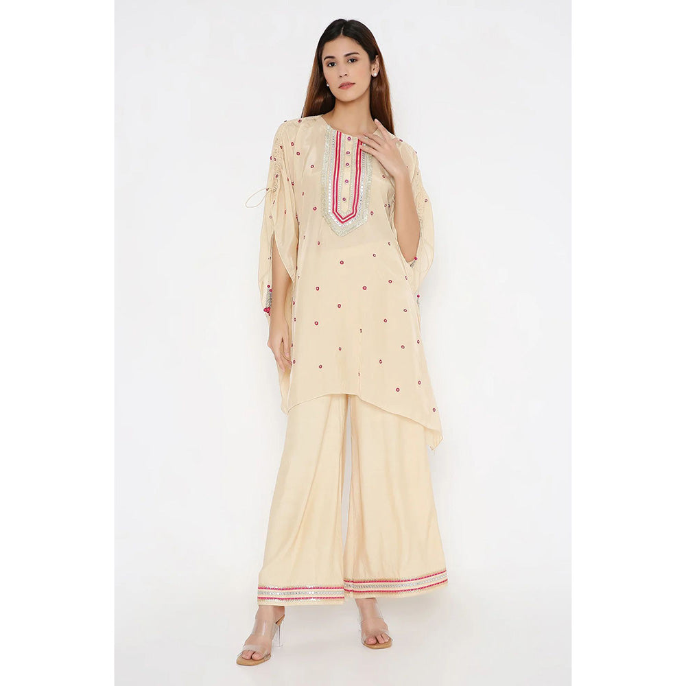 Neha Mehra Beige Silk Embroidered Kaftan with Cotton Silk Palazzo (Set of 2)