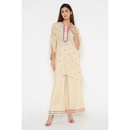 Neha Mehra Beige Silk Embroidered Kaftan with Cotton Silk Palazzo (Set of 2)