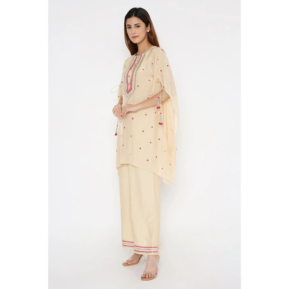 Neha Mehra Beige Silk Embroidered Kaftan with Cotton Silk Palazzo (Set of 2)