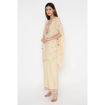 Neha Mehra Beige Silk Embroidered Kaftan with Cotton Silk Palazzo (Set of 2)