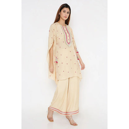 Neha Mehra Beige Silk Embroidered Kaftan with Cotton Silk Palazzo (Set of 2)