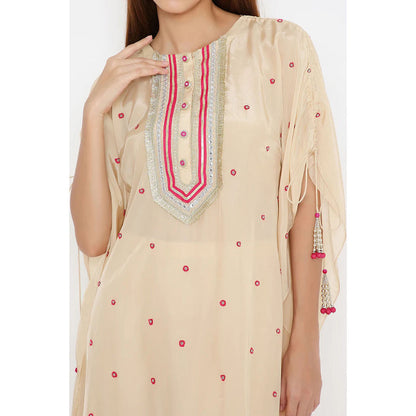 Neha Mehra Beige Silk Embroidered Kaftan with Cotton Silk Palazzo (Set of 2)