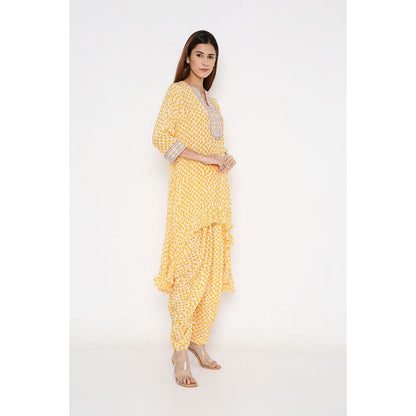 Neha Mehra Saffron Polka Crepe Asymmetrical Ruffle Kurta with Dhoti Pants (Set of 2)