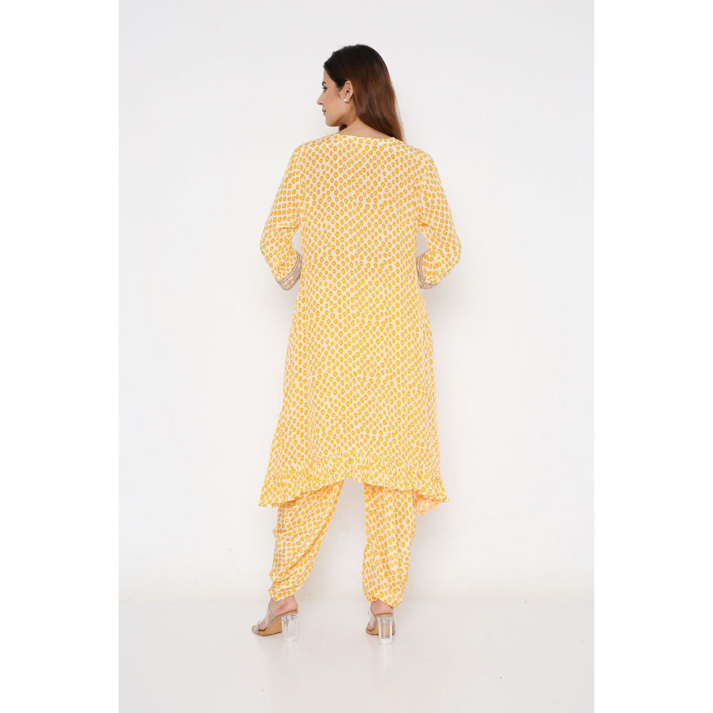 Neha Mehra Saffron Polka Crepe Asymmetrical Ruffle Kurta with Dhoti Pants (Set of 2)