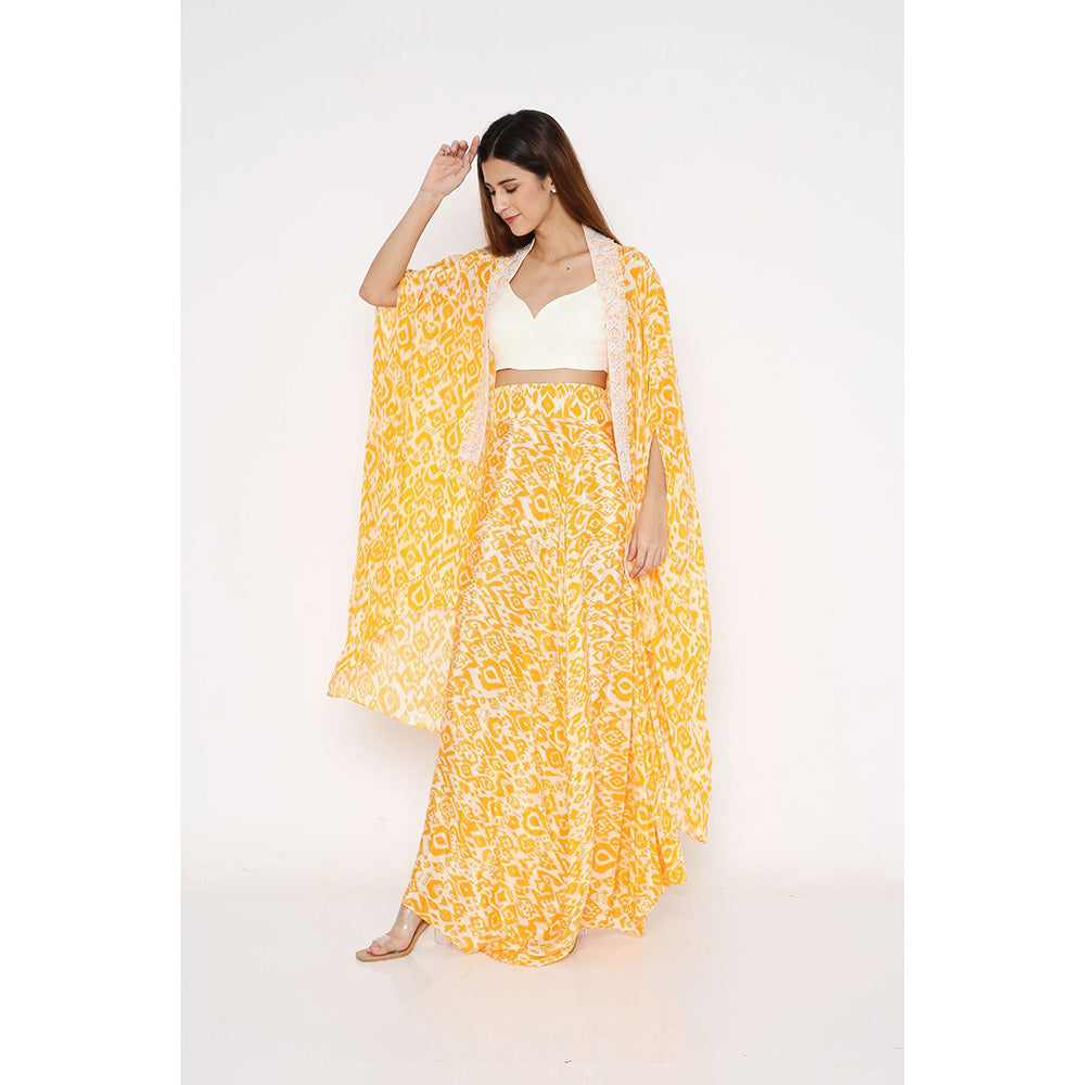 Neha Mehra Saffron Ikat Crepe Cape with Drape Skirt and Off-White Bustier (Set of 3)