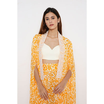 Neha Mehra Saffron Ikat Crepe Cape with Drape Skirt and Off-White Bustier (Set of 3)