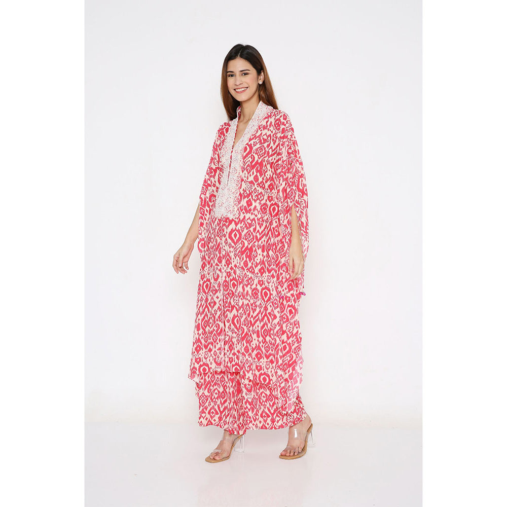 Neha Mehra Pink Ikat Crepe Front Slit Kaftan with Flared Pants (Set of 2)