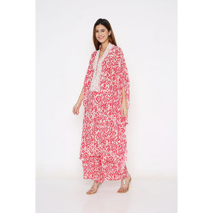 Neha Mehra Pink Ikat Crepe Front Slit Kaftan with Flared Pants (Set of 2)