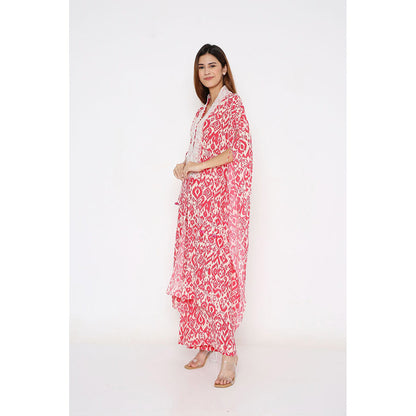Neha Mehra Pink Ikat Crepe Front Slit Kaftan with Flared Pants (Set of 2)